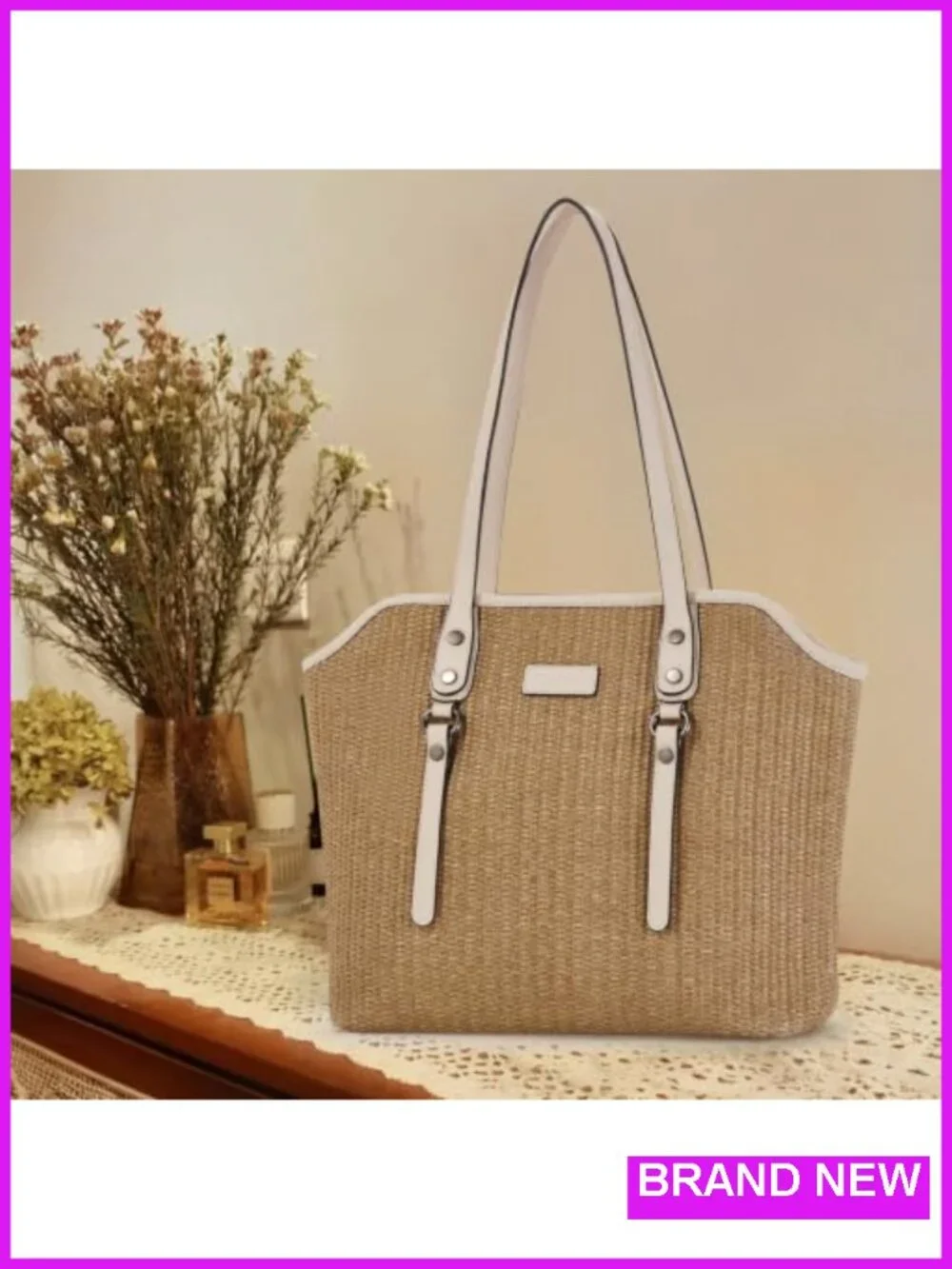 Straw Woven Vegan Leather Tote Bag with Zipper Closure, Large Capacity for